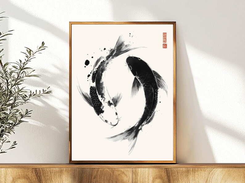 May include: Black and white ink painting of two koi fish swimming in a circle. The fish are stylized and have a minimalist design.