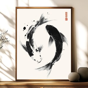 May include: Black and white ink illustration of two koi fish swimming in a circle, creating a yin yang symbol. The fish are depicted in a minimalist style with simple lines and shading.