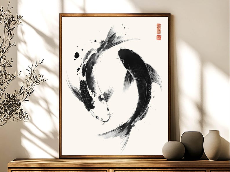 May include: Black and white ink illustration of two koi fish swimming in a circle, creating a yin yang symbol. The fish are depicted in a minimalist style with simple lines and shading.