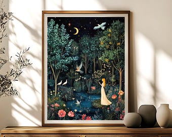 Mystical Dark Forest Art Print,  Ethereal Fantasy Wall Decor,  Enchanted Forest Painting Poster