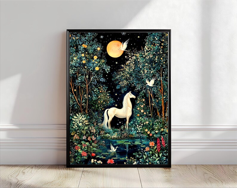 May include: A framed wall art print featuring a white unicorn standing in a dark, lush forest at night. A large yellow moon hangs in the sky above, surrounded by stars. White birds fly through the trees, and a small pond sits in the foreground.