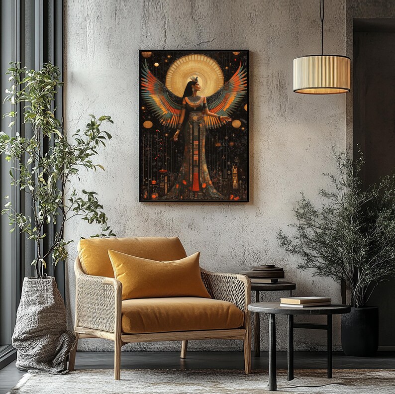 May include: A framed art print showing a woman with large, colourful wings, set against a dark background with a golden halo. The artwork features a detailed design with warm tones, hanging above a mustard-coloured armchair.