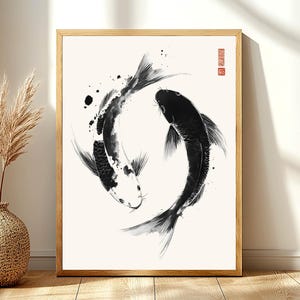 May include: Black and white ink painting of two koi fish swimming in a circle. The fish are stylized and have a minimalist design.