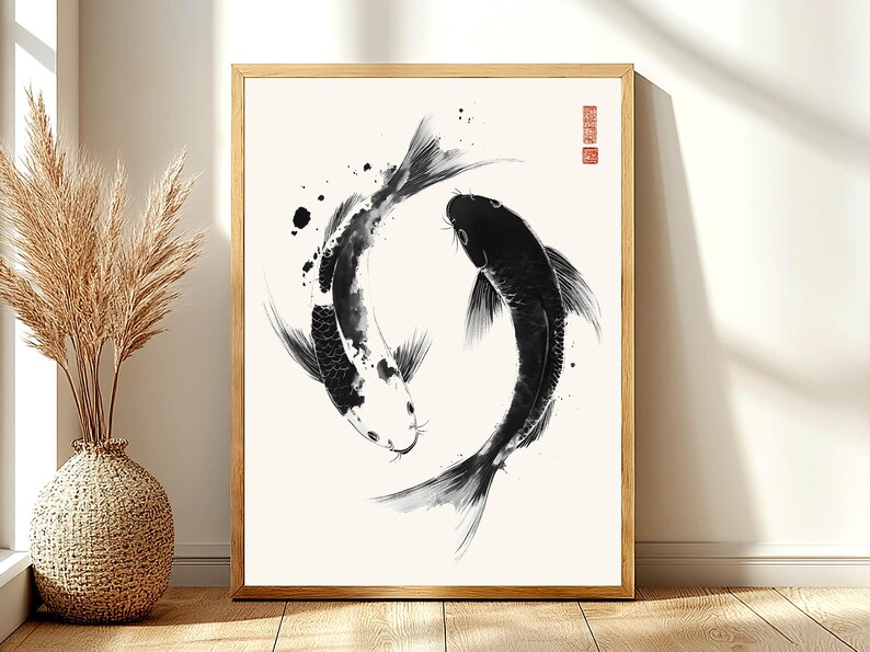 May include: Black and white ink painting of two koi fish swimming in a circle. The fish are stylized and have a minimalist design.