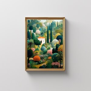 Pu&ograve; includere: Una stampa artistica incorniciata raffigurante una lussureggiante scena di giardino. L'opera presenta un edificio bianco con un tetto arancione incastonato tra vari alberi e arbusti nelle tonalit&agrave; del verde, blu, arancione e rosa. La cornice &egrave; dorata.