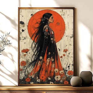 May include: A painting of a woman with long black hair wearing a red and black dress standing in a field of red flowers. The woman is silhouetted against a large orange circle.