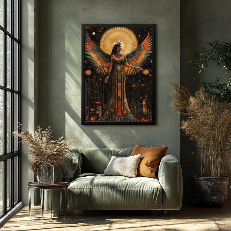 May include: A framed art print showing a figure with large, colourful wings, set against a dark background with a golden halo. The figure is wearing a long, ornate dress. The artwork is displayed in a living room setting.
