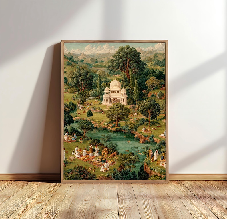 May include: A framed print of a serene landscape featuring a white domed building, likely a temple or palace, surrounded by lush greenery, a river, and figures. The artwork has a vintage aesthetic with soft colors and a sense of tranquility.