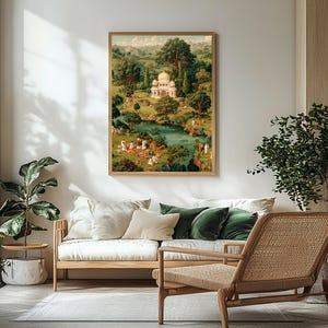 May include: A framed art print depicting a serene landscape with a white domed building, a river, and lush greenery. The artwork features a classical style with figures in the foreground, set against a backdrop of rolling hills and trees.