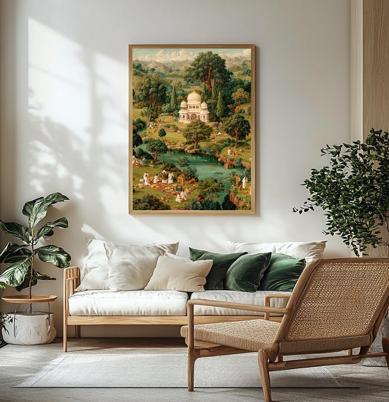 May include: A framed art print depicting a serene landscape with a white domed building, a river, and lush greenery. The artwork features a classical style with figures in the foreground, set against a backdrop of rolling hills and trees.