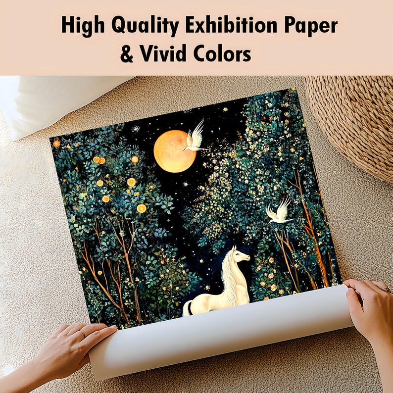 May include: A square art print featuring a dark forest scene with a large yellow moon, a white horse, and two white birds. The print includes the text High Quality Exhibition Paper & Vivid Colors at the top. The artwork displays dense foliage with small yellow flowers.
