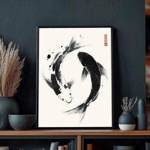 May include: Black and white ink illustration of two koi fish swimming in a circle. The fish are drawn in a minimalist style with a black background.