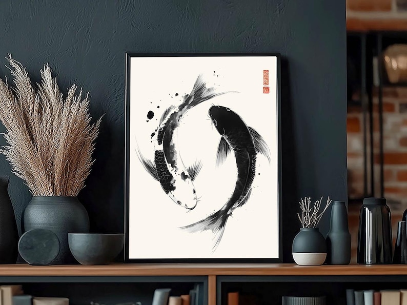May include: Black and white ink illustration of two koi fish swimming in a circle. The fish are drawn in a minimalist style with a black background.
