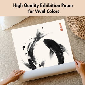 May include: Black and white ink illustration of two koi fish swimming in a circle. The image is printed on high quality exhibition paper for vivid colors.