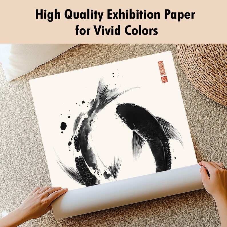 May include: Black and white ink illustration of two koi fish swimming in a circle. The image is printed on high quality exhibition paper for vivid colors.