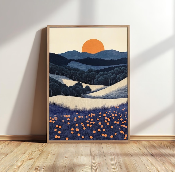Linocut Landscape Premium Matte Poster, Nature Woodcut Art Print,  Navy Blue Lino Print, Minimalist Nature Wall Art, Modern Woodcut Decor