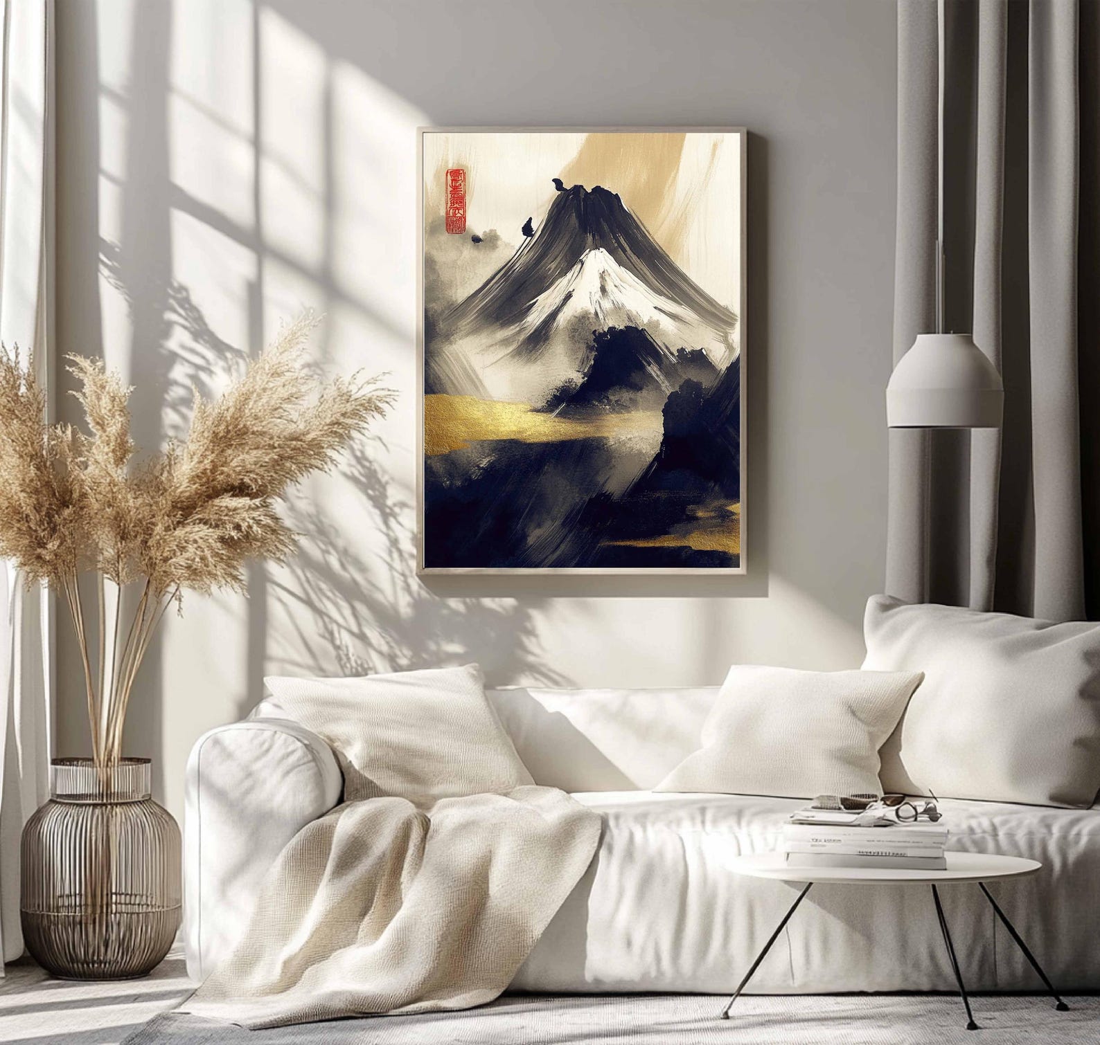 Asian Mountain Landscape Wall Art – Japandi Style Oil Painting, Chinese ...