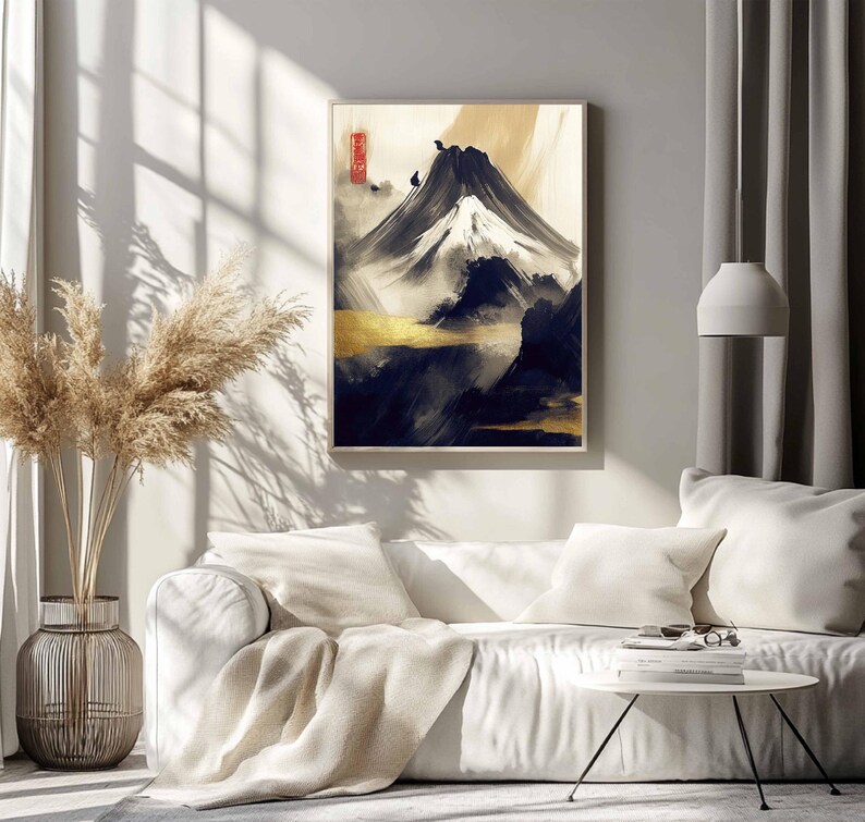 Asian Mountain Landscape Wall Art – Japandi Style Oil Painting, Chinese ...