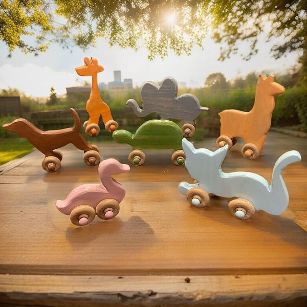 Classic Handmade Wood Push Toy Animals for Toddlers