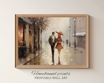 DRUCKBARE Wandkunst Paar zu Fuß durch die Straßen im Regen, romantische Kunst, Valentinstag, sofortiger digitaler Download