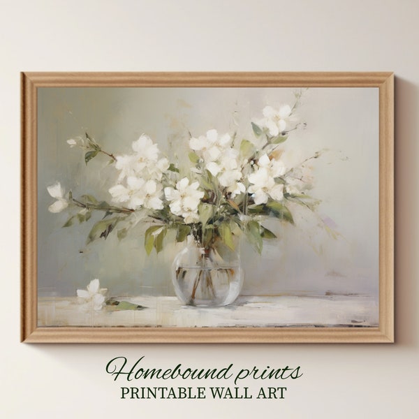 PRINTABLE oil painting still life, impressionist, expressive flowers in vase, sage, muted neutral tones, art digital download