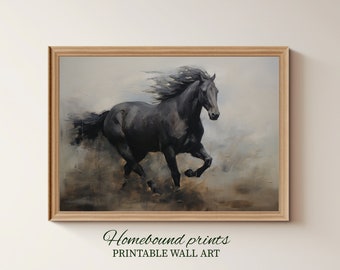 PRINTABLE oil painting of black horse running, elegant country decor, muted tones, instant digital download