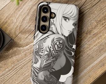 Badass Anime Tattoo Phone Case, Black And White, Samsung S 22 23 24 25 Plus Ultra, Custom Phone Case, Durable Phone Case, Anime Phone Case