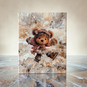 May include: A canvas print featuring a charming teddy bear in winter attire, ice skating. The bear wears a pink hat, scarf, and mittens, with brown ice skates. The background has a swirling, abstract pattern in shades of brown and white.
