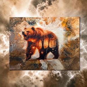 May include: A canvas print featuring a brown bear with a forest scene incorporated into its silhouette. The bear is depicted with an open mouth, set against a backdrop of swirling orange, brown, and white hues. Butterflies are scattered throughout the image.