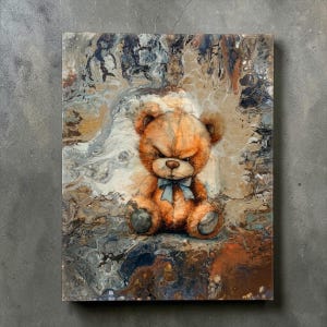 May include: A rectangular canvas painting featuring a brown teddy bear with a blue bow tie, centered against an abstract background of swirling white, gray, dark blue, and copper paint textures that create a marbled effect around the bear.