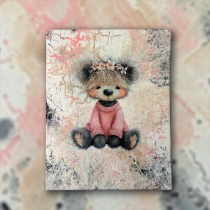 May include: A rectangular canvas painting featuring a fluffy dark gray teddy bear wearing a pink sweater and a small floral crown. The bear is centered against an abstract background of blended white, soft pink, and dark gray paint splatters.
