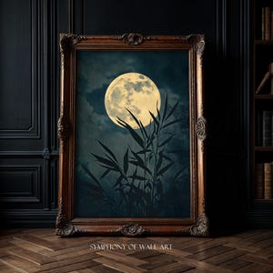 Stampa artistica di luna piena malinconica, decorazione Dark Academia, stampa di stelle del cielo notturno astratto, dipinto a olio massimalista vintage blu-oro, stampa gotica