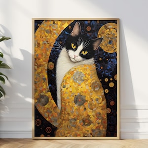 Gustav Klimt Cat Wall Art Print, Black Cat  Wall Art Decor, Klimt Inspired Wall Art Decor, Cat Lover Gift, Abstract Cat Wall Art