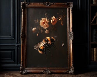 Dark Cottagecore Botanical Bee Art Print: Vintage Floral Art