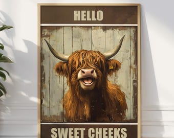 Impresión divertida de baño de ganado de las Tierras Altas: Póster "Hola, dulces mejillas"