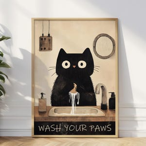 Gato preto lave suas patas pôster decoração de banheiro impressão imagem animal vintage arte de parede banheiro decoração de casa A5/A4/A3/A2