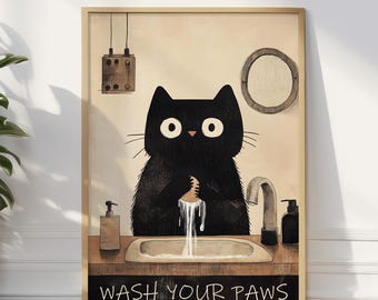 Divertida lámina de gato: ¡Lávate las patas! Póster de arte animal para el baño con un toque de fantasía.