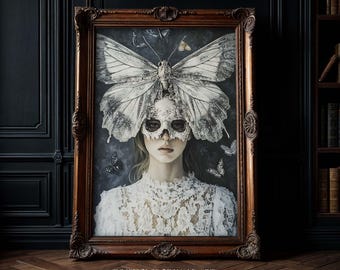 Stampa artistica di donna vittoriana con maschera a farfalla: Dark Academia Decor