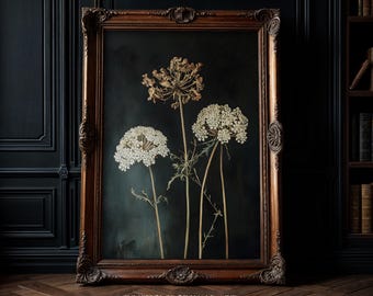 Queens Anne Lace Moody Dark Floral Wall Art Print, Flower Print