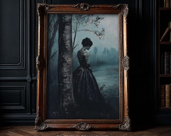 Victorian Woman in The Wood Art Print, Dark Academia Decor, Gothic Bookish Wall Art