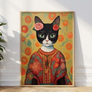 Impression d'art mural chat noir de Frida Kahlo inspirée de l'art mural Frida Kahlo, art mural chat et fleurs, cadeau chat, cadeau d'art pour amoureux des chats
