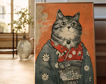 Katze Im Kimono Vintage Japanischer Kunstdruck: Matsumoto Hoji Style, Katze der Weisheit