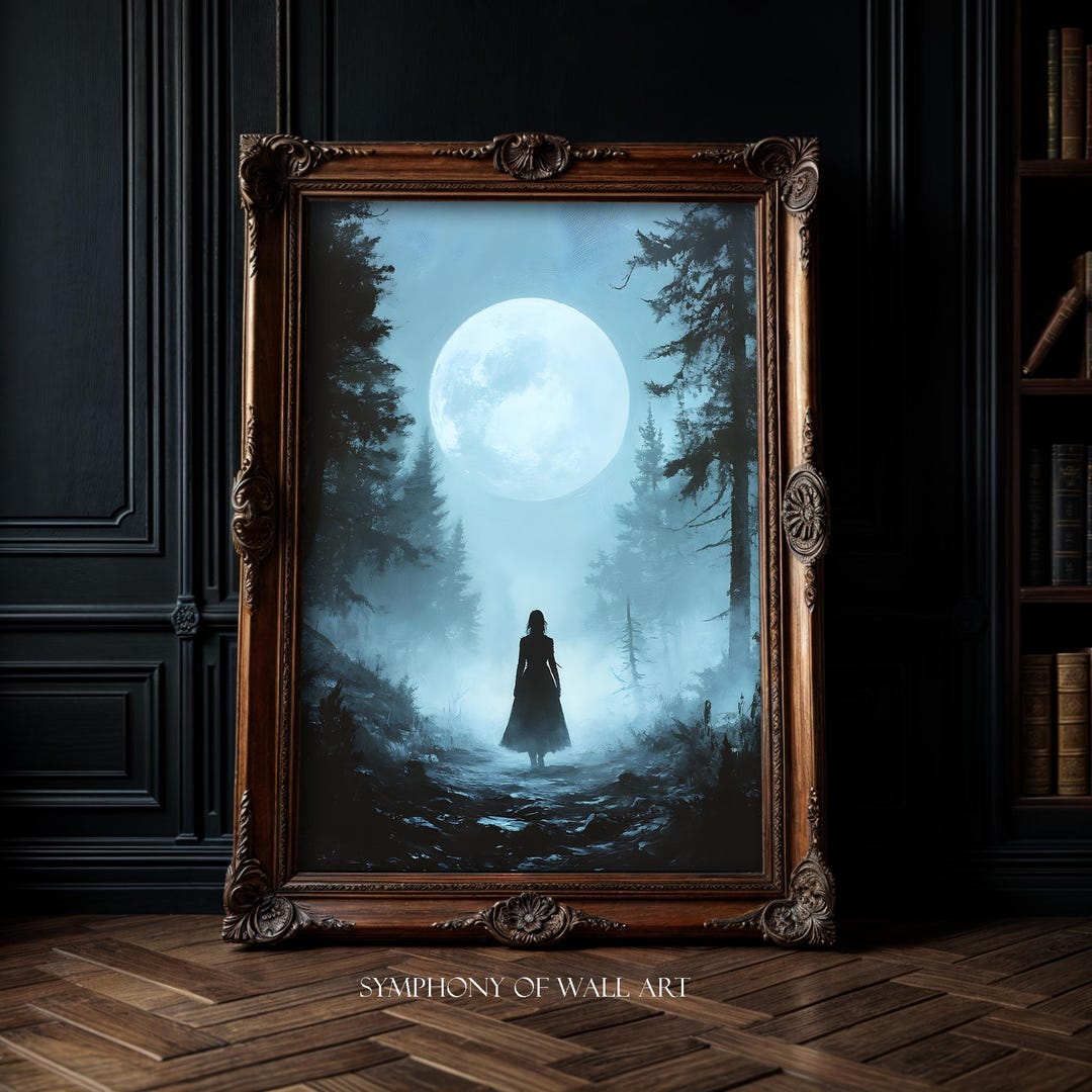 Full Moon Night Forest and Woman Art Print, Dark Academia Decor - Etsy
