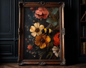 Vintage Dark Academia Floral Botanical Art Print: Flower Cottagecore Wall Decor