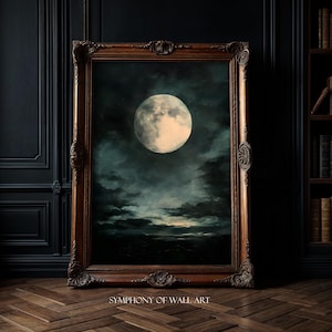 Stampa artistica di luna piena malinconica, decorazione Dark Academia, stampa di stelle del cielo notturno astratto, dipinto a olio massimalista vintage blu-oro, stampa gotica