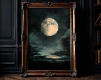 Full Moon Art Print: Dark Academia Night Sky, Vintage Gothic Decor
