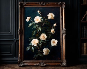 Dark Academia White Roses Art Print: Victorian Gothic Blooming Flowers Print