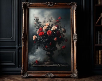 Dark Academia Still Life Floral Moody Art Print: Victorian Gothic Botanical Wall Art