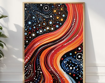 May include: Abstract art print with a black background, red, orange, and blue curved lines, and white, blue, and yellow dots.