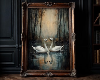 Dark Romantic Swan Couple Wall Art Print: Moody Gothic Home Decor